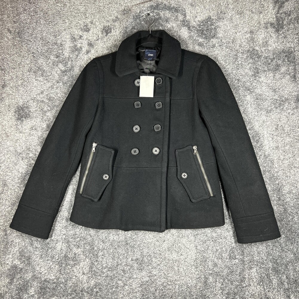 Gap Coat Womens XS Black Wool Pea Coat Collared Lined Zipped Pockets Tweed